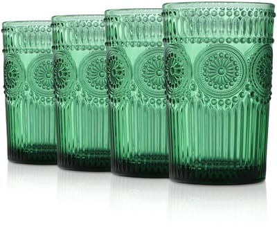 350 ml groene drinkglazen, reliëf zonnebloemenpatroon, vintage vaatwasmachinebestendig set van 4 kleurrijk glas