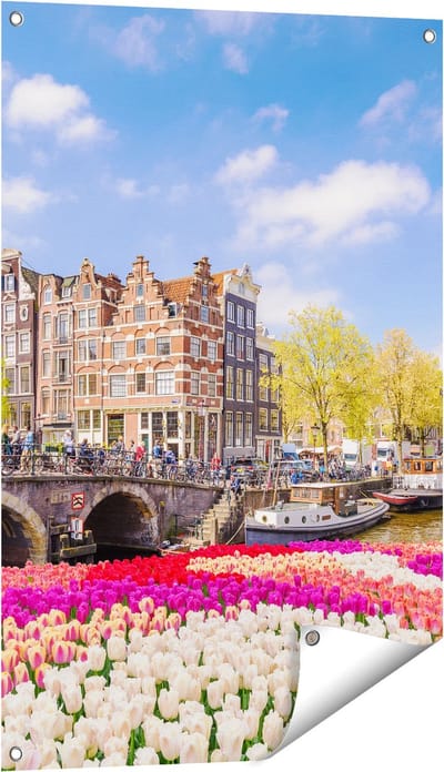 Gards Tuinposter Amsterdamse Huisjes aan de Grachten - 60x90 cm - Tuindoek - Tuindecoratie - Wanddecoratie buiten - Tuinschilderij