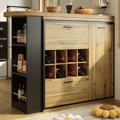 STILVORA Eettafel - Uitrekbare Eettafel Met Opberging - 2 Laden En Wijnrek - Voor Keuken En Woonkamer Bartafel - MDF;Metaal - 138-220x39x105 cm - Notenbruin