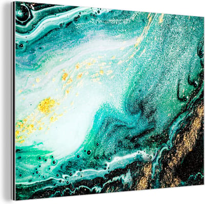 Wanddecoratie Metaal - Aluminium Schilderij Industrieel - Marmerlook - Blauw - Goud - Glitter - Luxe - Marmer - 80x60 cm - Dibond - Foto op aluminium - Industriële muurdecoratie - Voor de woonkamer/slaapkamer