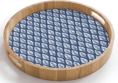 Dienblad rond 40x40 cm - Schootdienblad hout - Bladeren - Wit - Blauw - Patroon - Borrelplank rechthoek - Plateau houten dienbladen