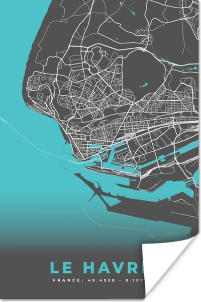 Poster Le Havre - Plattegrond - Stadskaart - Kaart - Frankrijk - 120x180 cm XXL