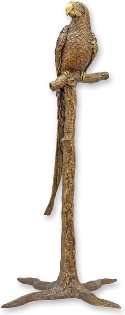 Bronzen Papegaai op Tak – Sculptuur/Beeld – papegaai beeld, bronzen woondecoratie, luxe standbeeld – Realistische details – Stabiele voet – Tijdloze eyecatcher – 75 cm hoog, 42 cm breed – Brons
