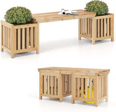 KOMFOTTEU 2-in-1 terrasbank met 2 bloembakken, houten tuinbank van dennenhout voor 2 personen met plantenbakken, sleufontwerp voor eenvoudige montage (naturel, 173 x 40 x 48 cm | bank)