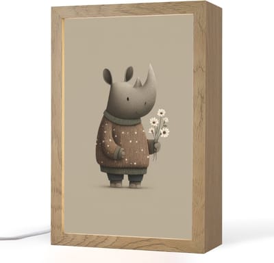 Nachtlampje 20x30 cm - Kinder lampje - Neushoorn - Witte bloemen - Lief - Tafellamp kinderkamer - Slaapkamer lamp - Bedlamp kinderen - Kinderlampje stopcontact - Wandlamp babykamer - Nachtlampjes