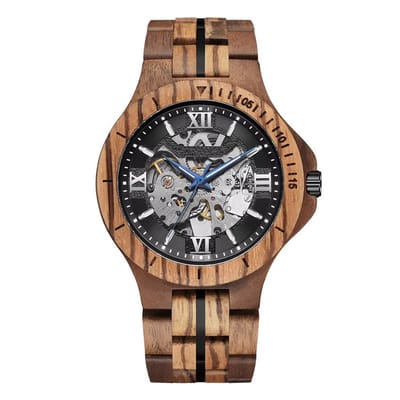 Wood Skeleton Horloge | Waterafstotend | Cadeau Giftbox | Hout & Zwart | Automatic Horloges | Automatisch Watchwinder | Skeleton Herenhorloge