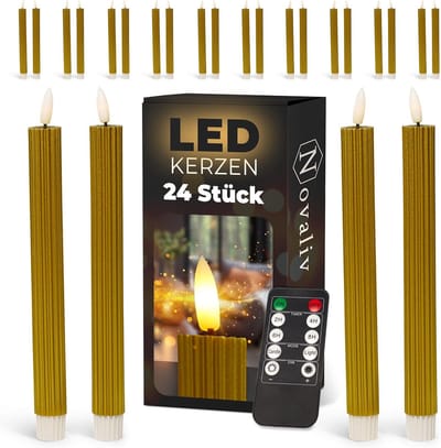 LED-kaarsen, set van 2, 12 stuks, echte was, geribbeld goud, met timerfunctie, 6 uur, 23 cm hoogte voor kaarsen, 2,2 cm diameter, 2 AAA-batterijen vereist. LED-kaarsen, set van 2, goud (zes keer), bewegende vlam.