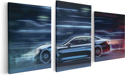 Artaza Canvas Schilderij Drieluik Zwarte Sportwagen Auto - 120x60 cm - Wanddecoratie Woonkamer - Schilderijen - Muurdecoratie