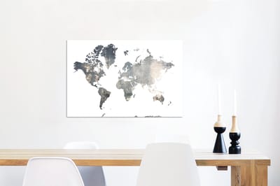Aluminium schilderij 90x60 cm - Wanddecoratie metaal - Wereldkaart - Blauw - Hout - Metalen muurdecoratie woonkamer - Decoratie industrieel - Foto op dibond - Industriële accessoires slaapkamer