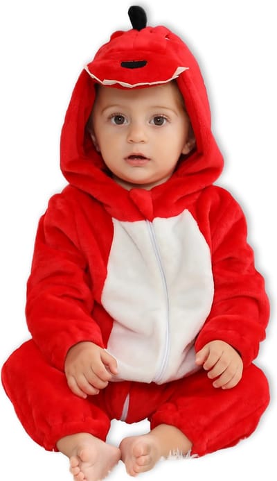 BoefieBoef Dieren Baby Onesie Peuter Pyjama Kinderen 6 maanden tot 2 jaar – Verkleedkleding met Luierrits – Carnaval Dierenpak - Kerst en Kraamcadeau Tip – Flanel - Romper - Boxpak - Jongens - Meisjes - Kruippak - Winterpak - Dinosaurus - Rood Wit