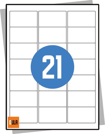 DULA Etiketten - Stickervellen A4 - 21 stickers per vel - 63,5 x 38,1 mm - 100 vel