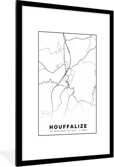 Fotolijst incl. Poster Zwart Wit- België – Houffalize – Stadskaart – Kaart – Zwart Wit – Plattegrond - 80x120 cm - Posterlijst