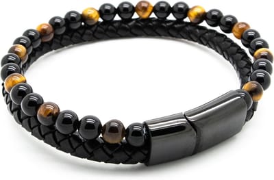 Sorprese armband - Exclusive - armband heren - Zwart Leer en Tijgeroog Natuurstenen - 20,5 cm - zwarte sluiting - cadeau - Model Q
