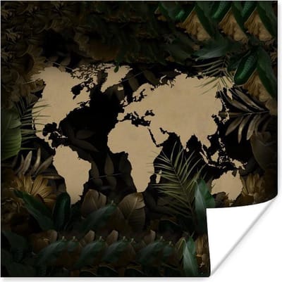 Poster 30x30 cm - Wereldkaart - Bladeren - Beige - Posters - Kamer decoratie - Wanddecoratie woonkamer - Muurdecoratie slaapkamer