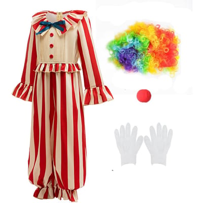 Combinaison et perruque Gants Ensembles Garçons Filles Cirque Clown Déguisement Rayé Combinaison Pour Enfants Anniversaire Spectacle sur Scène 110 rouge