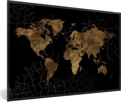 Poster in lijst - Fotolijst 90x60 cm - Posters - Wereldkaart - Marmer - Goud - Posterlijst zwart - Decoratie - Wanddecoratie woonkamer - Muurdecoratie slaapkamer