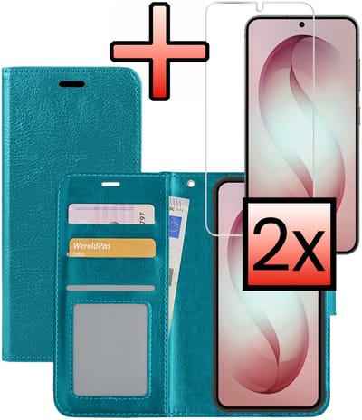 Hoesje - Met 2x Screenprotector - Geschikt voor Samsung Galaxy S26 - Luxe Pasjeshouder - Bookcase Portemonee - Flip Case - Kunstleer Book Case - Flipcase Hoes - Book Cover - Walletcase - Portemonneehoes - Turquoise