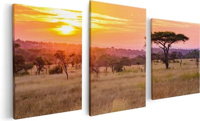 Artaza Canvas Schilderij Drieluik Zonsondergang In De Savanne - 120x60 - Foto Op Canvas - Canvas Print