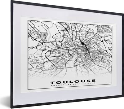 Fotolijst incl. Poster Zwart Wit- Kaart - Stadskaart - Frankrijk - Toulouse - Plattegrond - Zwart wit - 40x30 cm - Posterlijst