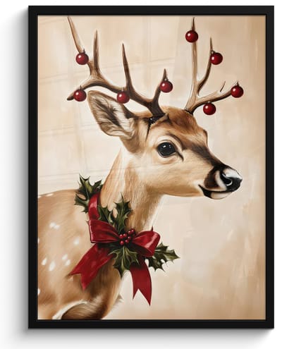 Poster in lijst - Fotolijst 60x80 cm - Posters - Gewei - Kerst - Rendier - Rood - Posterlijst zwart - Decoratie - Wanddecoratie woonkamer - Muurdecoratie slaapkamer - Kerstversiering - Kerstdecoratie voor binnen - Kerstmis
