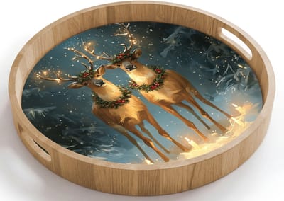 Dienblad rond 40x40 cm - Schootdienblad hout - Dennensprookje - Rendier - Nacht - Borrelplank rechthoek - Plateau houten dienbladen