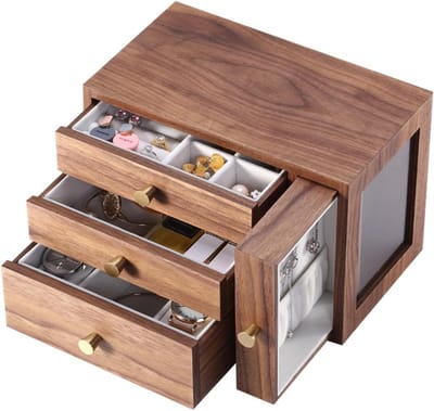 Houten Sieradenkist - Opbergdoos Lades - Sieraden Organiseren - Vier Lades - 25.5x14.5x17.5cm - Bruin