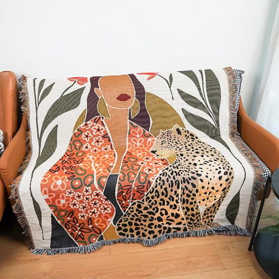 Dubbelzijdige Katoenen Gewoven Deken met Kwastjes in Jungle Bohemian Stijl - Multifunctionele Decoratieve Plaids voor Sofa, Bed en Kamperen, 160x130cm