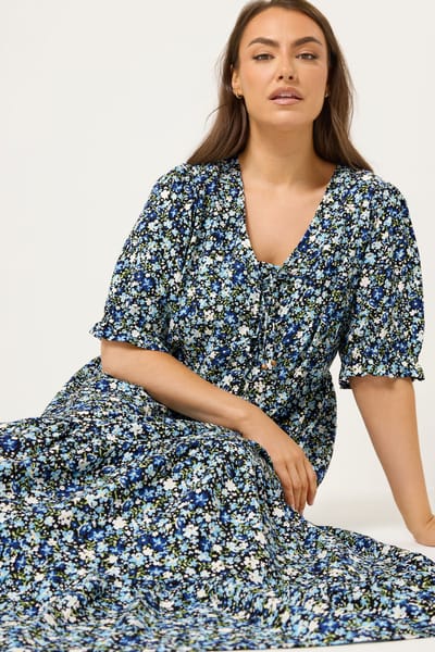 Yours Blauwe Jurk Met Fijne Bloemenprint En Strikkoordje Aan De Voorkant Size 42