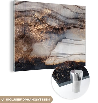 MuchoWow® Glasschilderij 120x90 cm - Schilderij acrylglas - Storm - Goud - Abstract - Foto op glas - Schilderijen
