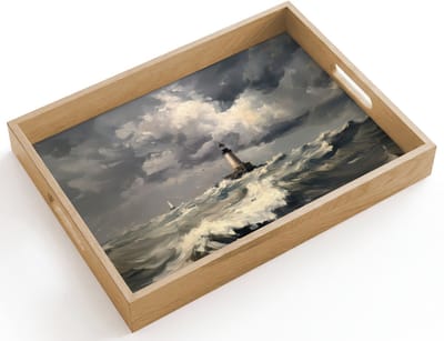Dienblad hout 40x30 cm - Schootdienblad - Vuurtoren - Golven - Storm - Borrelplank rechthoek - Plateau dienbladen