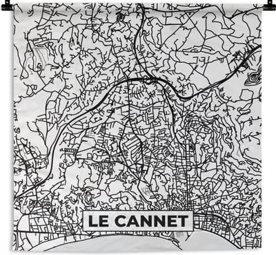 Wandkleed - Wanddoek - Kaart – Le Cannet - Stadskaart – Frankrijk – Plattegrond - Zwart wit - 180x180 cm - Wandtapijt