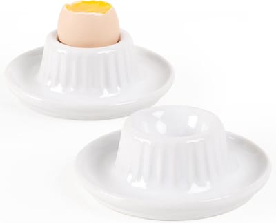Famanu – Eierdopjes - set van 2 - stapelbare eierhouders met plank - porseleinen eierstandaard met bord - klassieke witte eierdopjes voor ontbijttafel - ideaal voor zacht- en hardgekookte eieren