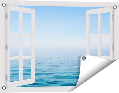 Gards Tuinposter Doorkijk Zee met een Blauw Hemel Achtergrond - 60x40 cm - Tuindoek - Tuindecoratie - Wanddecoratie buiten - Tuinschilderij