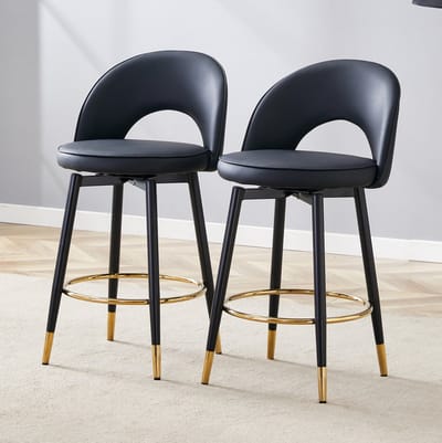 MIVRAY Barkruk - Set Van 2 - 360° Draaibaar Met Rugleuning En Gewatteerde Kunstleren Zitting - Voor Bar, Keuken En Eethoek - Zwart