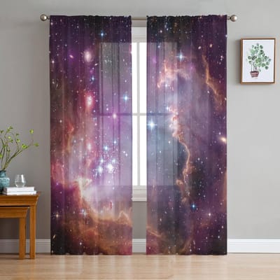 Gordijnen van gaas met sterrenhemelmotief voor kinderkamer, keukenscherm, woonkamerdecoratie, feestelijke voilegordijnen 135W x 114H(cm)