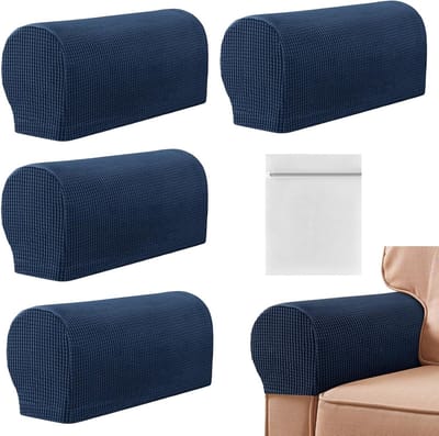 Armleuninghoezen voor Stoelen - 4 Stuks, Rekbare en Antislip Bescherming voor Meubels, Inclusief Waszak (Blauw)
