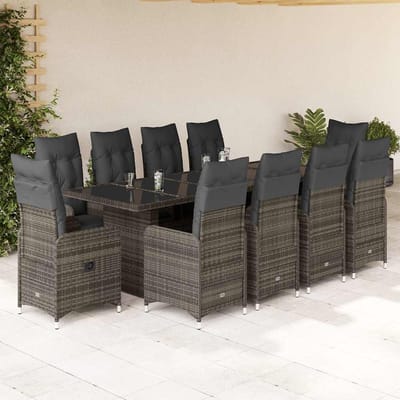 vidaXL - 11-delige - Bistroset - met - kussens - poly - rattan - grijs