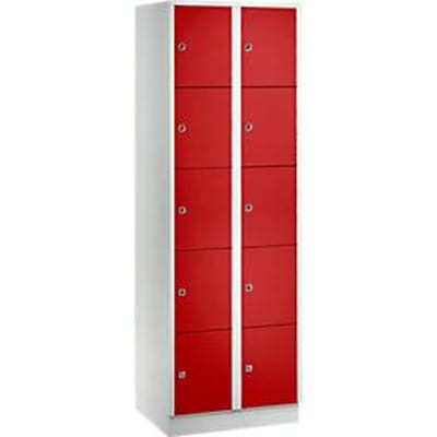 Vakkenkast 300 mm, 2 compartimenten, 10 vakken, veiligheidscilinderslot, sokkel, vuurrood