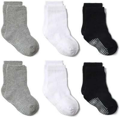 Babysokken - 6 Paar 3 Kleuren - Baby Antislip Sokken - Antislip Sokken voor Baby’s/Kinderen - Effen - Jongens - Maat L: 14-16cm (3-5 jaar) - Voor Baby's Peuter