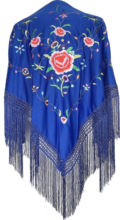 Spaanse manton - omslagdoek - donker blauw met bloemen verkleedkleding of Flamenco jurk