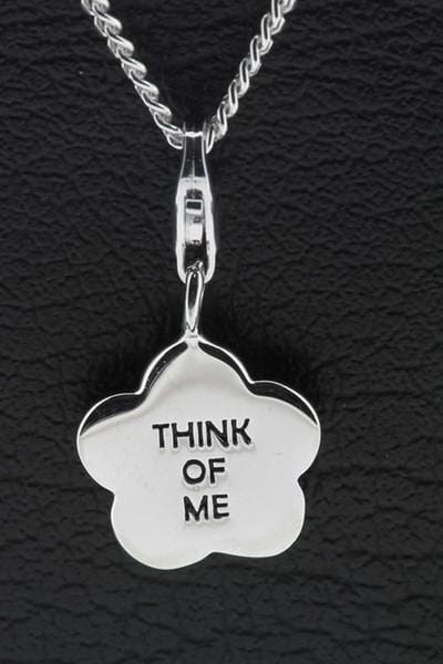 Zilveren Bloem met tekst Think of me hanger én bedel