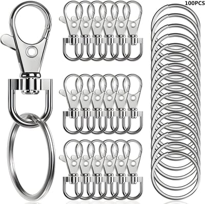 PolkaHome Kreeft Gesp Sleutelhangers – 100-delige Set | 50 Karabijnhaken & 50 Sleutelringen voor Sieraden Maken, DIY, Lanyards & Knutselen (Zilver)