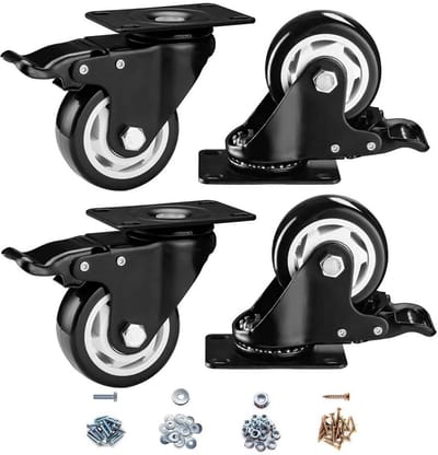 Set van 4 Zware Zwenkwielen 7.5 cm - Met Rem en Borging - Zwarte, Vloervriendelijke Rollen voor Karren en Meubels