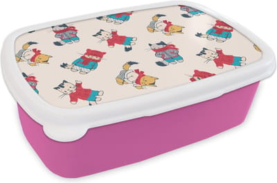 Broodtrommel Roze - Lunchbox - Brooddoos - Winter - Kat - Dieren - Patroon - 18x12x6 cm - Kinderen - Meisje