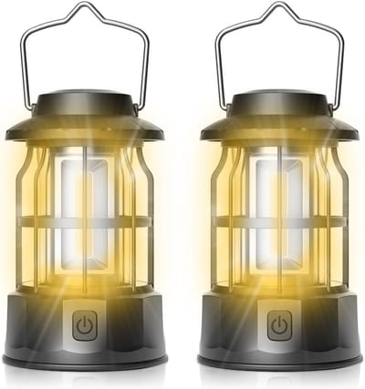 Thijox - LED Kampeerlamp Draagbaar 2 Stuks - Retro IPX4 Waterdichte Kampeerlantaarn met Traploos Dimbare Verlichting voor Camping, Wandelen, Tuin en N