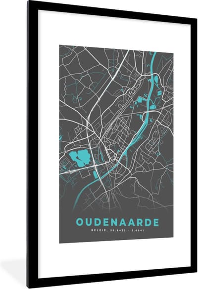 Fotolijst incl. Poster - Plattegrond – Oudenaarde – Blauw – Stadskaart - Kaart - 60x90 cm - Posterlijst