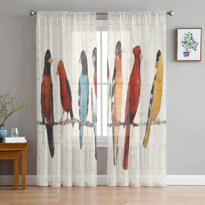 Vogels Takken Retro Tule Gordijnen Balkonkamer Mode Geprint Doorzichtig Gordijn Woonkamer Raam Moderne Decoratie 135W x 114H(cm) white