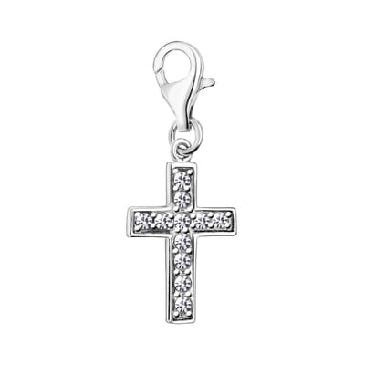Quiges – 925 - Zilver – Charm - Bedel - Hanger - Kruis met Zirkonia - met – sterling - zilver - karabijnslot - geschikt - voor -Bedelarmband HC040