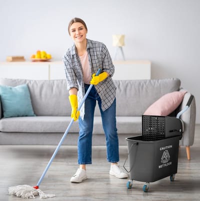 MEUNIQ dweilemmer met pers 20 liter, 2 compartimenten, 4 wielen en handgreep, kunststof schoonmaakwagen voor vloerreiniging, zwart