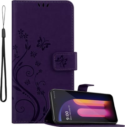 Cadorabo Hoesje geschikt voor LG V60 ThinQ in BLOEMEN DONKER PAARS - Beschermhoes in bloemmotief met magnetische sluiting, standfunctie en kaartsleuven Book Case Cover Etui